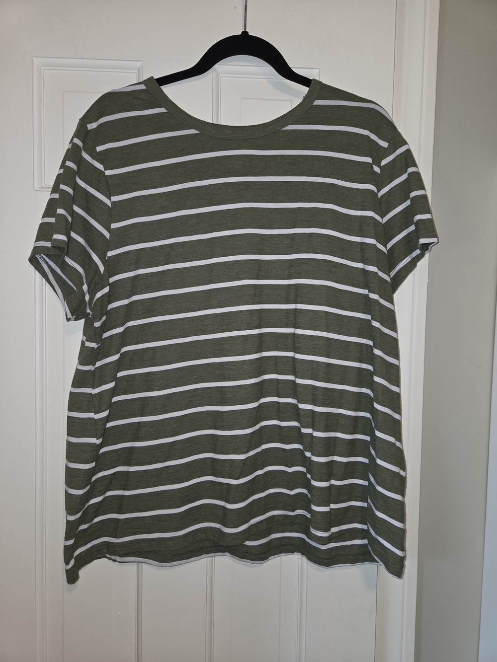 Striped Olive Green & White Crewneck Tee - Women's Top Size XXXL